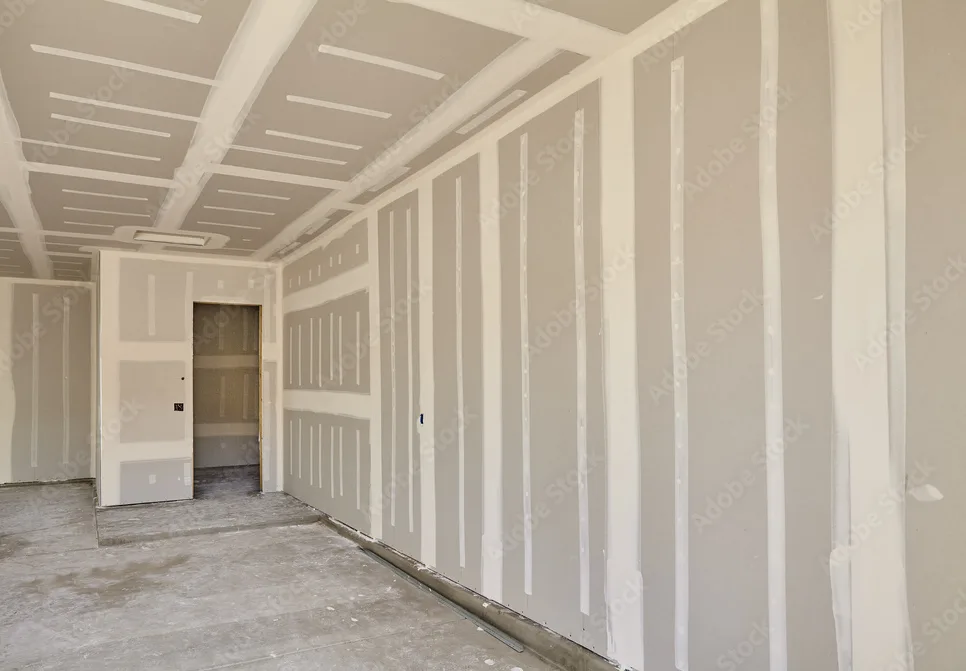 Gespachtelte Trockenbauwände und Decke in einem Innenraum
