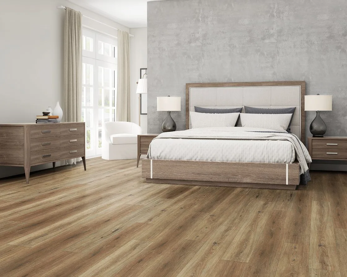Schlafzimmer mit Vinylboden in Eichenoptik